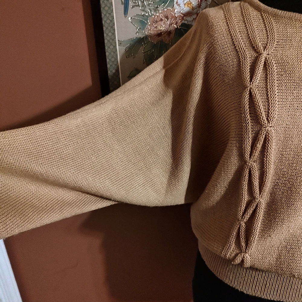 🔸🤎🔸Amazing Vtg 80's Mocha Caramel Tan Dolman Cable Knit Sequin Sweater - M/L - Picture 5 of 15